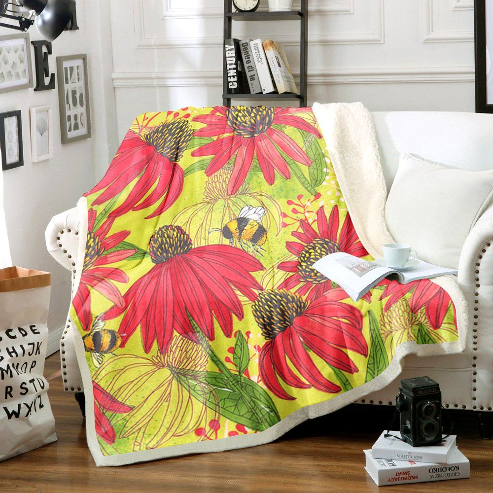 Flower Bee Sherpa Fleece Blanket
