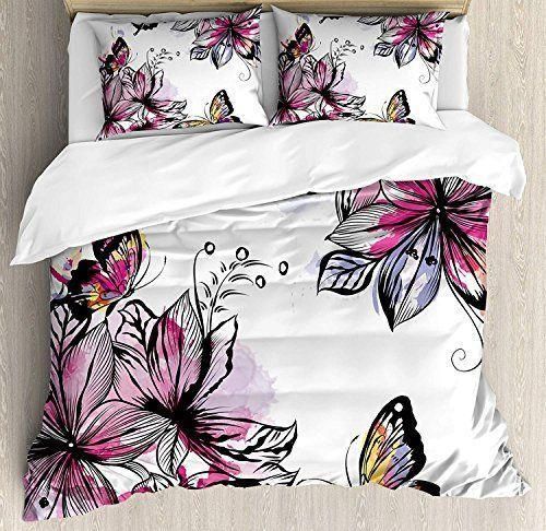 Flower Blooms Botany Bouquets With Colorful Butterflies Paintbrush Watercolor Bedding Set