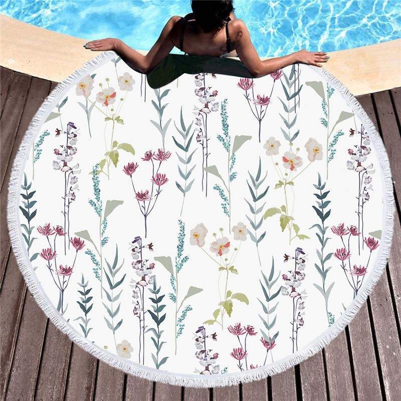 Flower Branches Vintage Style Printed Round Beach Towel
