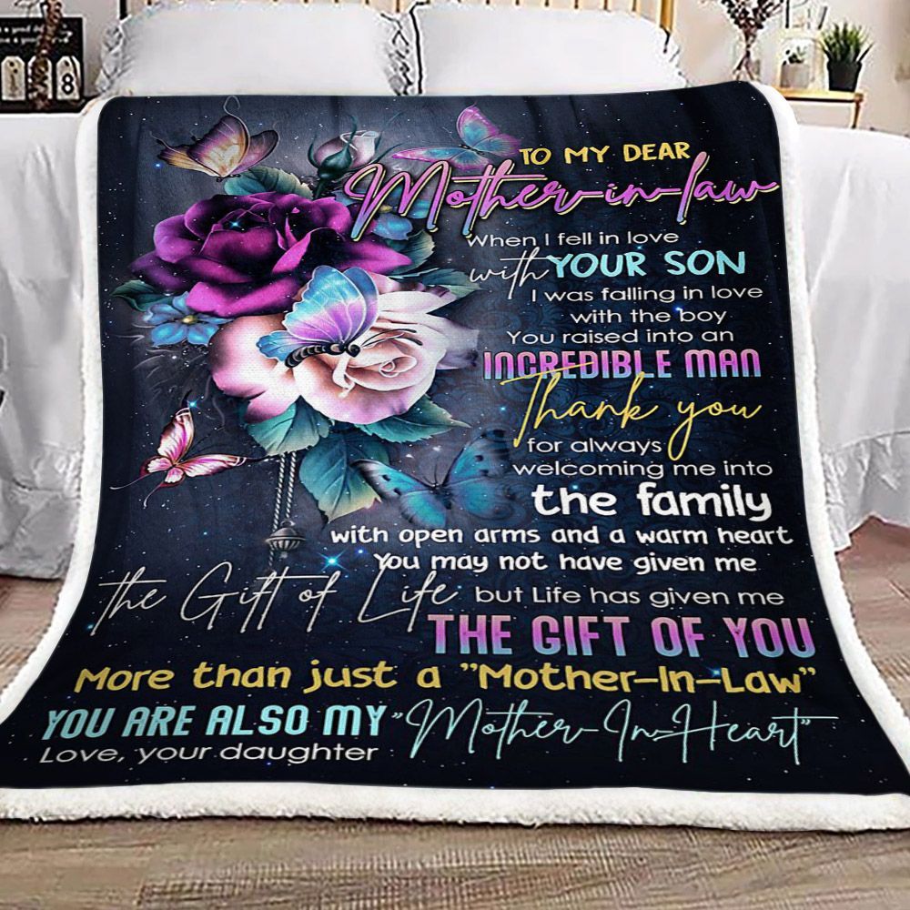 Flower Butterfly To My Dear Mother In Law Your Daughter Sherpa Fleece Blanket