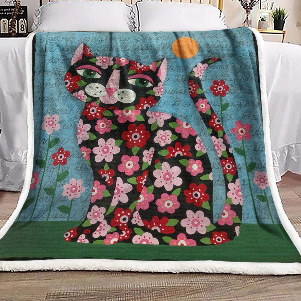 Flower Cat Sherpa Fleece Blanket