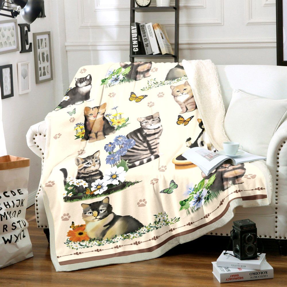 Flower Cats Sherpa Fleece Blanket
