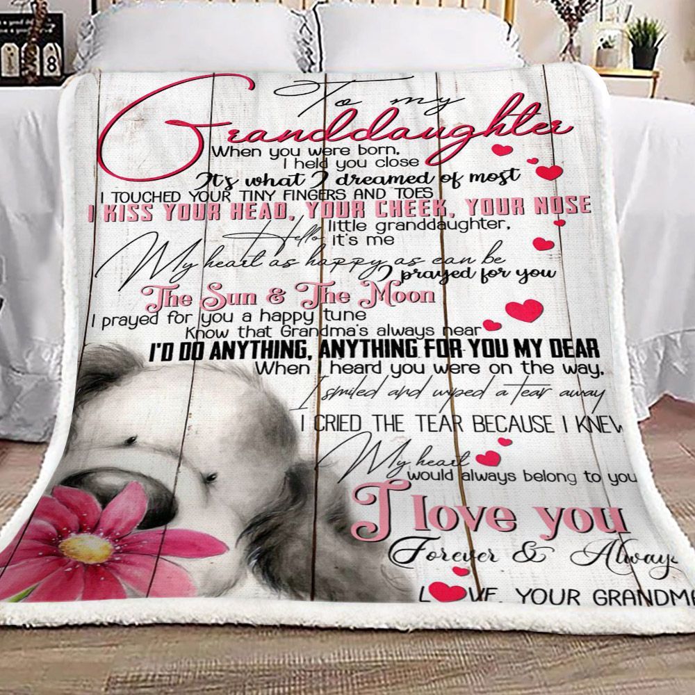 Flower Dog To My Granddaughter Your Grandma Sherpa Fleece Blanket