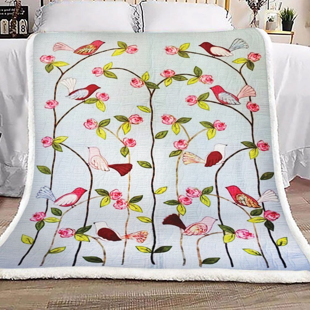 Flower Garden With Bird Sherpa Fleece Blanket
