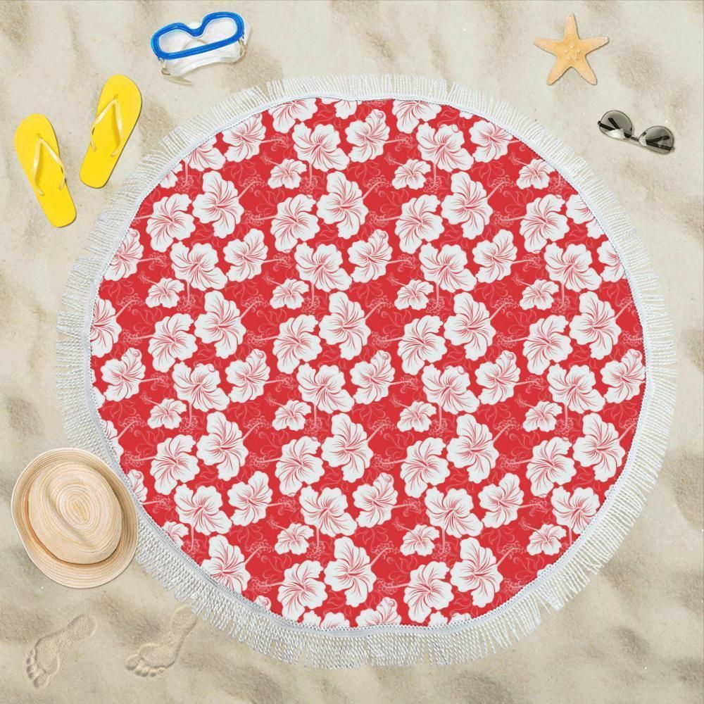 Flower Hawaiian Hibiscus Red Background Print Round Beach Towel