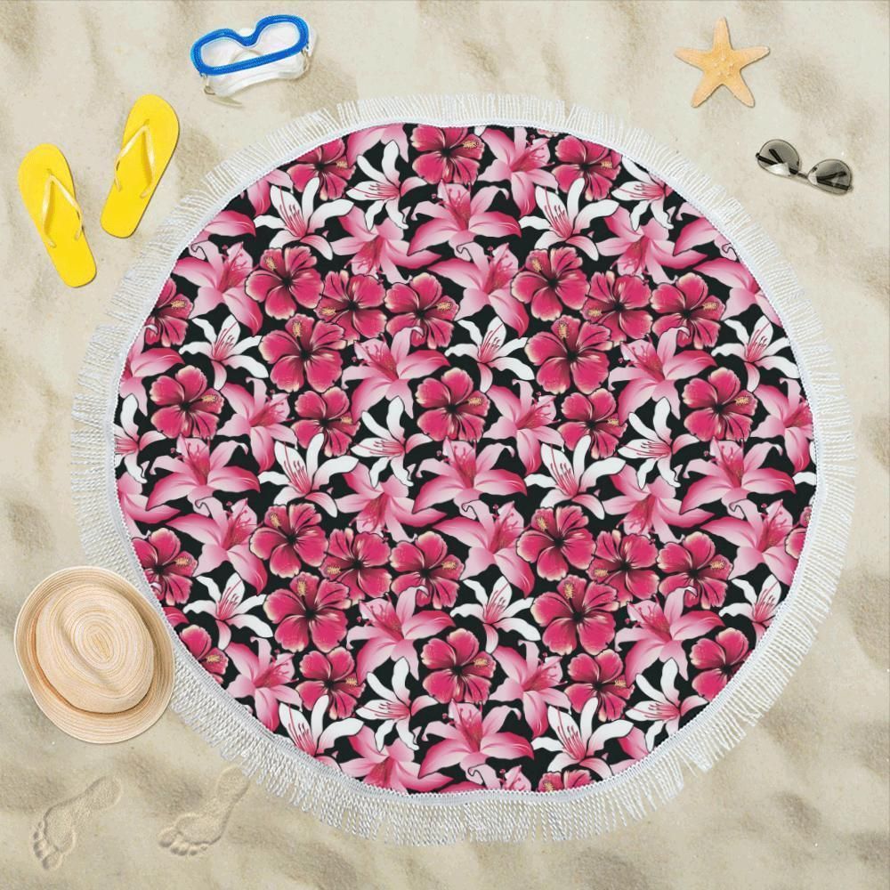 Flower Hawaiian Pink Red Hibiscus Print Round Beach Towel