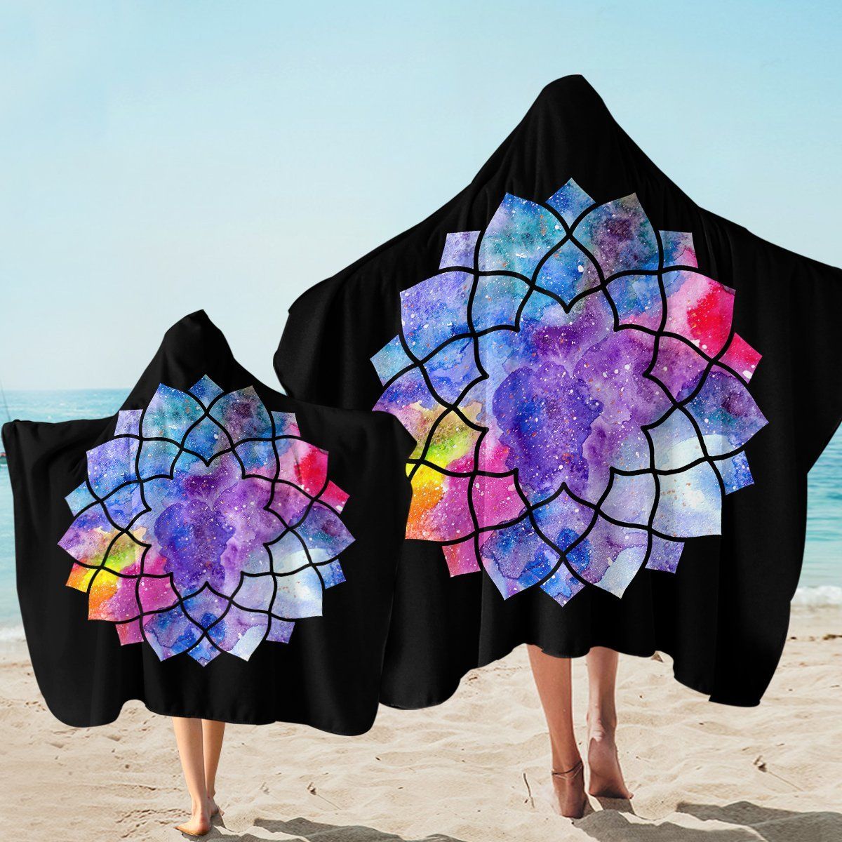 Flower Motif Nebula On Black Printed Hooded Towel