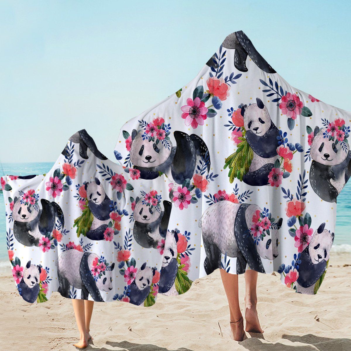 Flower Pandas Pattern Printed Hooded Towel
