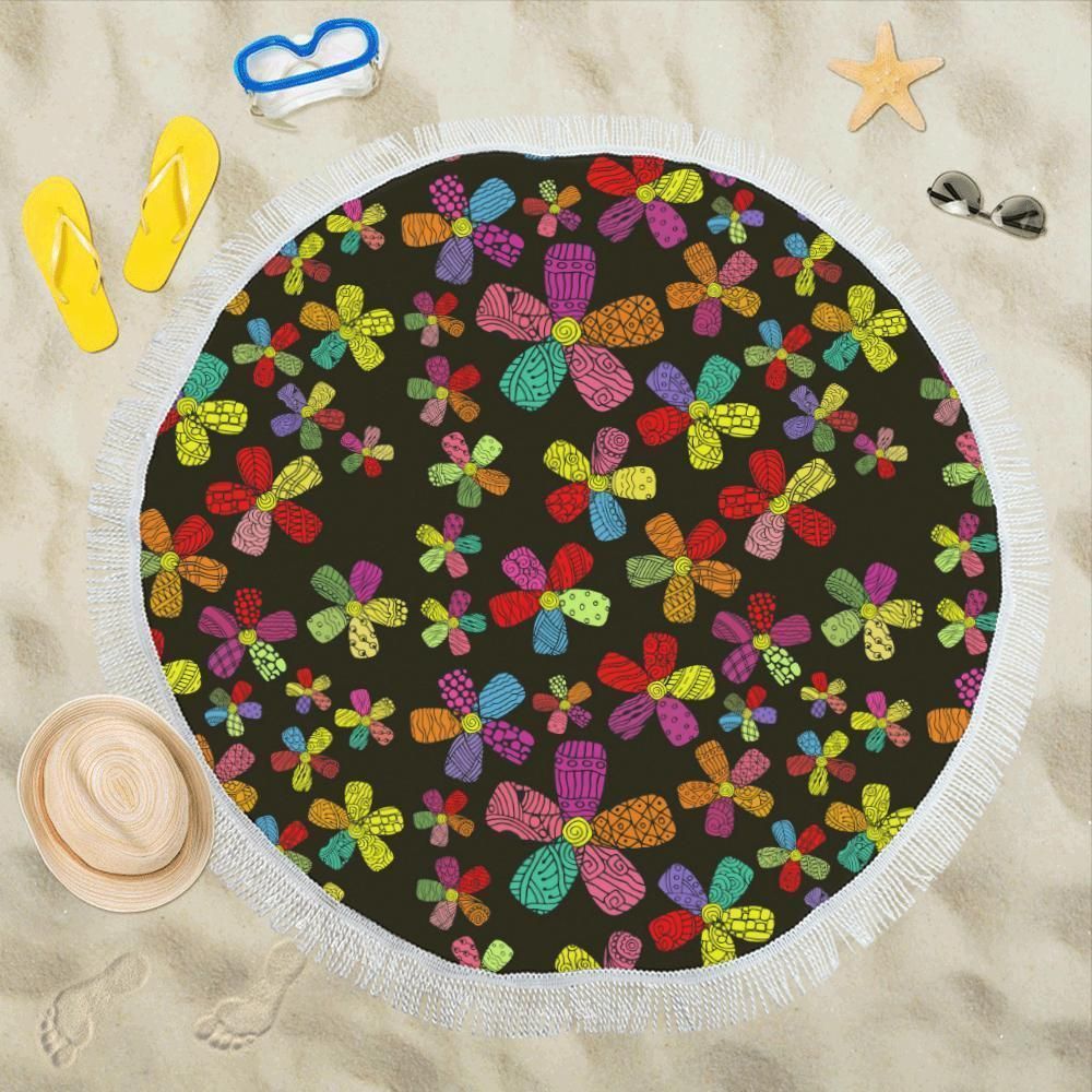 Flower Power Colorful Print Pattern Round Beach Towel