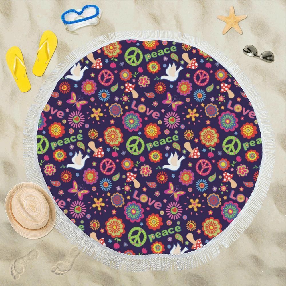 Flower Power Peace Design Print Round Beach Towel