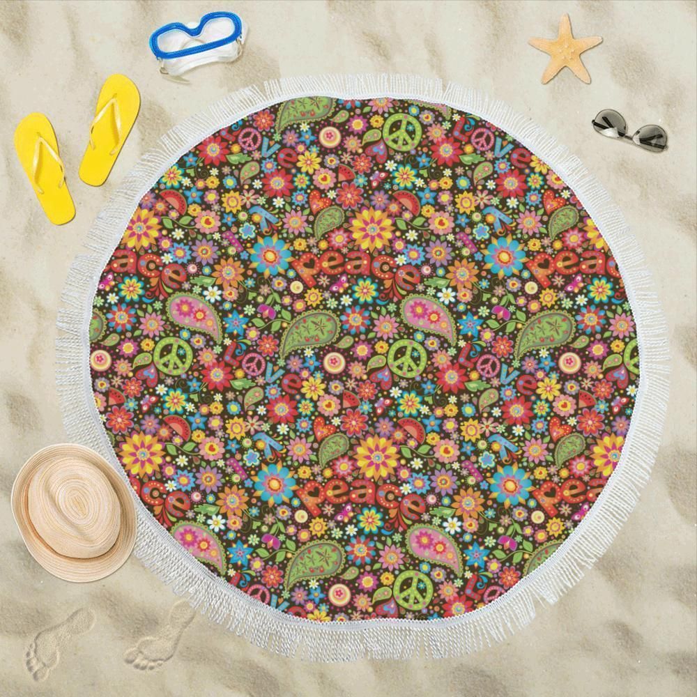 Flower Power Peace Paisley Themed Print Round Beach Towel