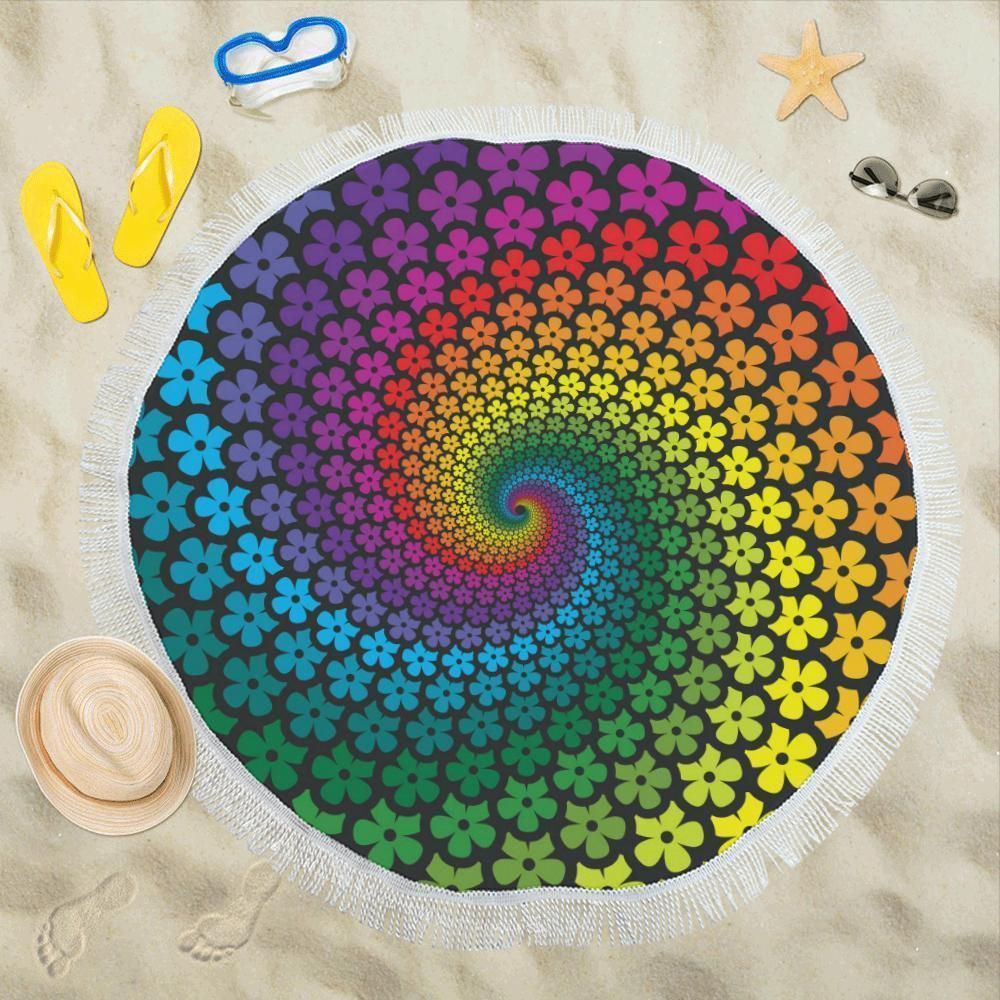 Flower Power Rainbow Spiral Printed Round Beach Towel