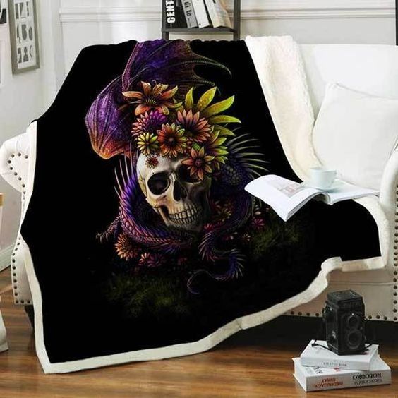Flower Skull Sherpa Fleece Blanket