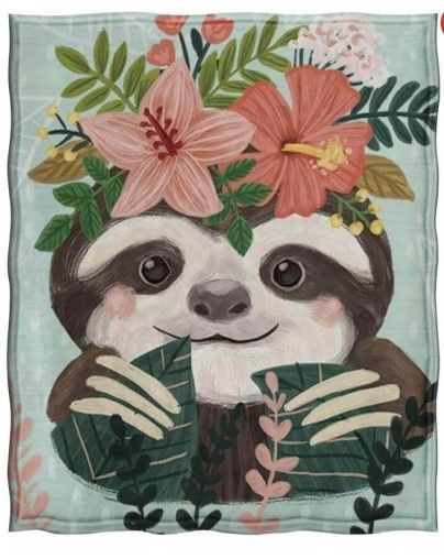 Flower Sloth Sherpa Fleece Blanket