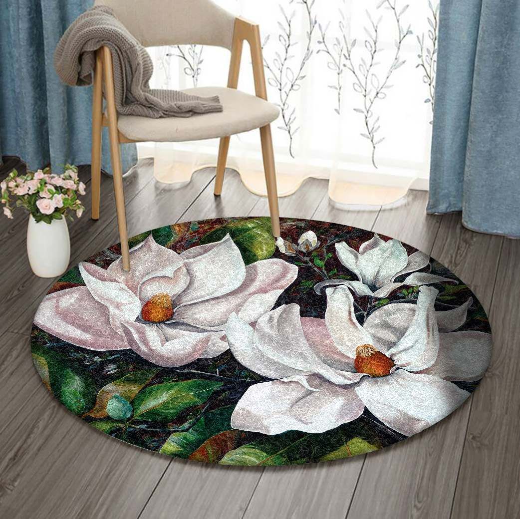 Flower White Round Carpet