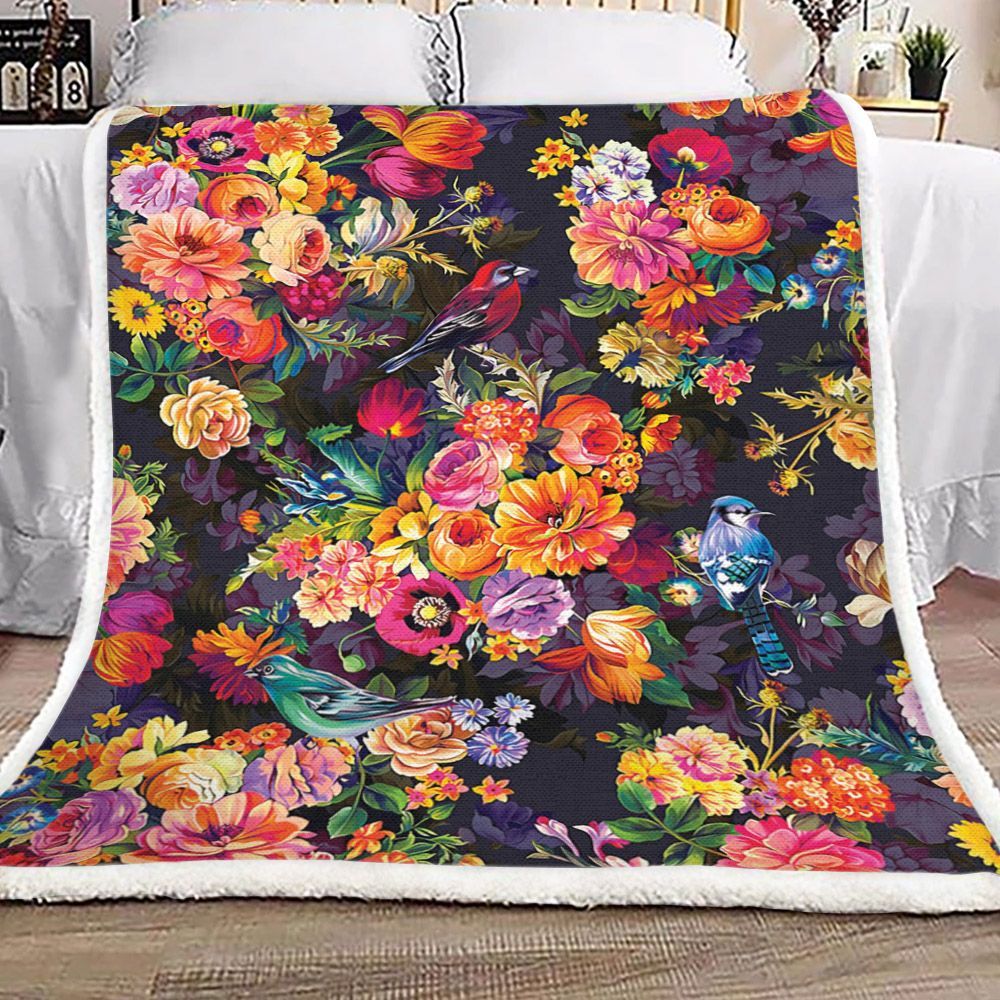 Flowers And Birds Sherpa Fleece Blanket