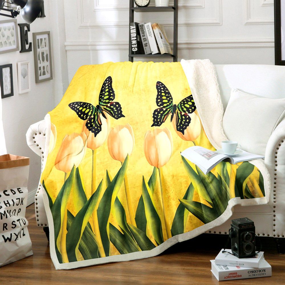 Flowers And Butterfly Sherpa Fleece Blanket