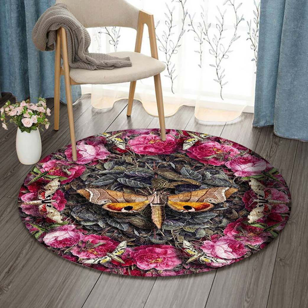 Flowers And Moths Round Carpet