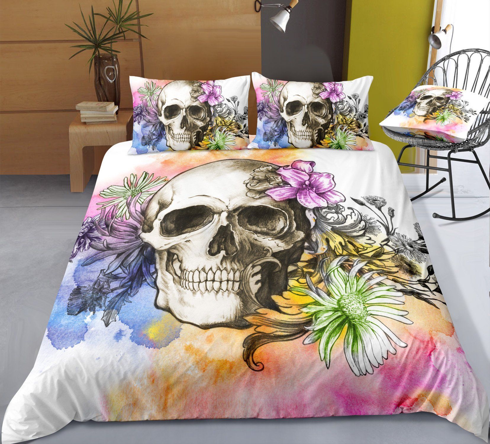 Flowers And Skull Colorful Bedding Set