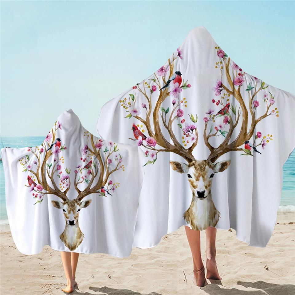 Flowers Antler Of Life On White Printed Hooded Towel