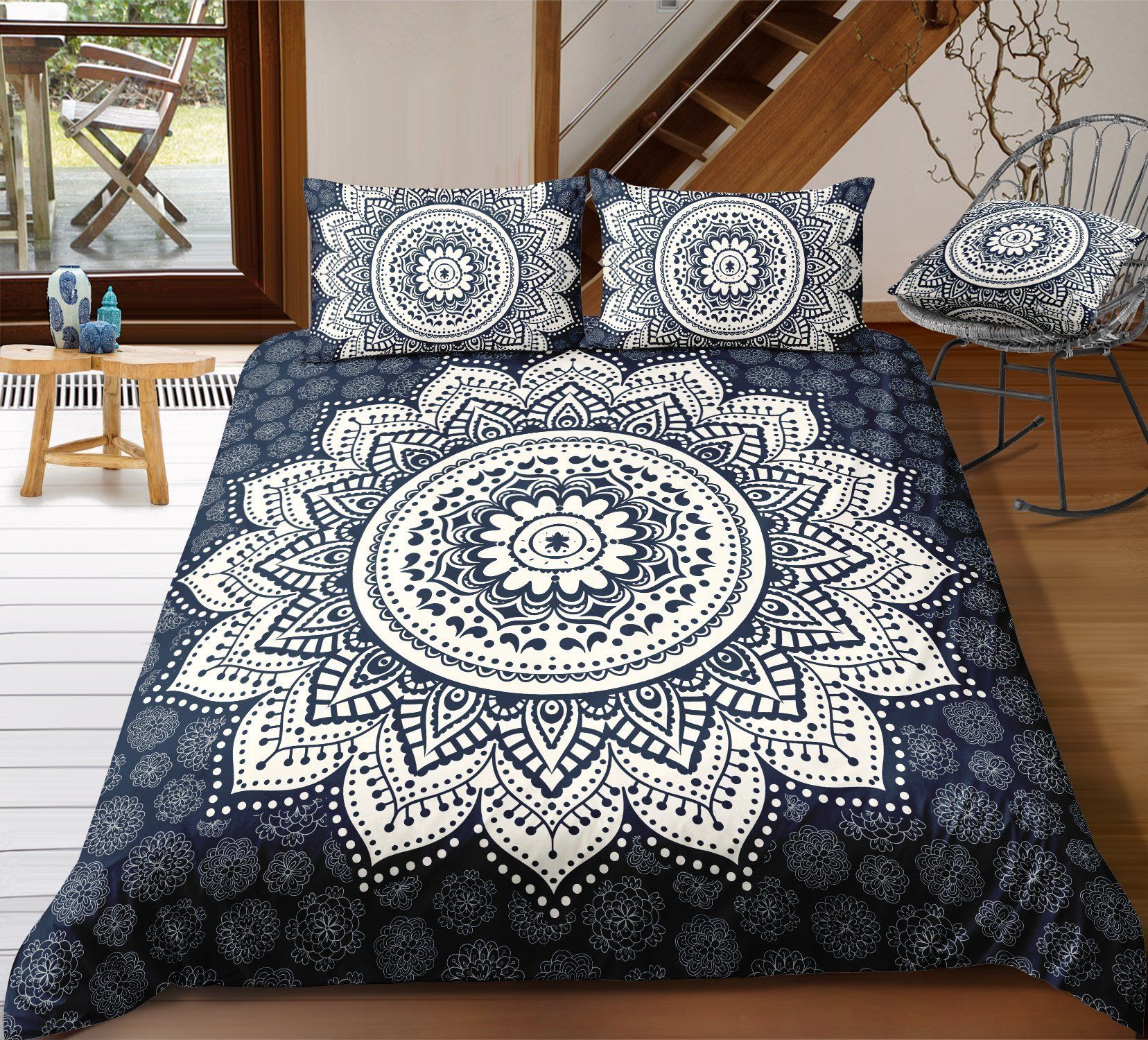 Flowers Black White Mandala Pattern Bedding Set