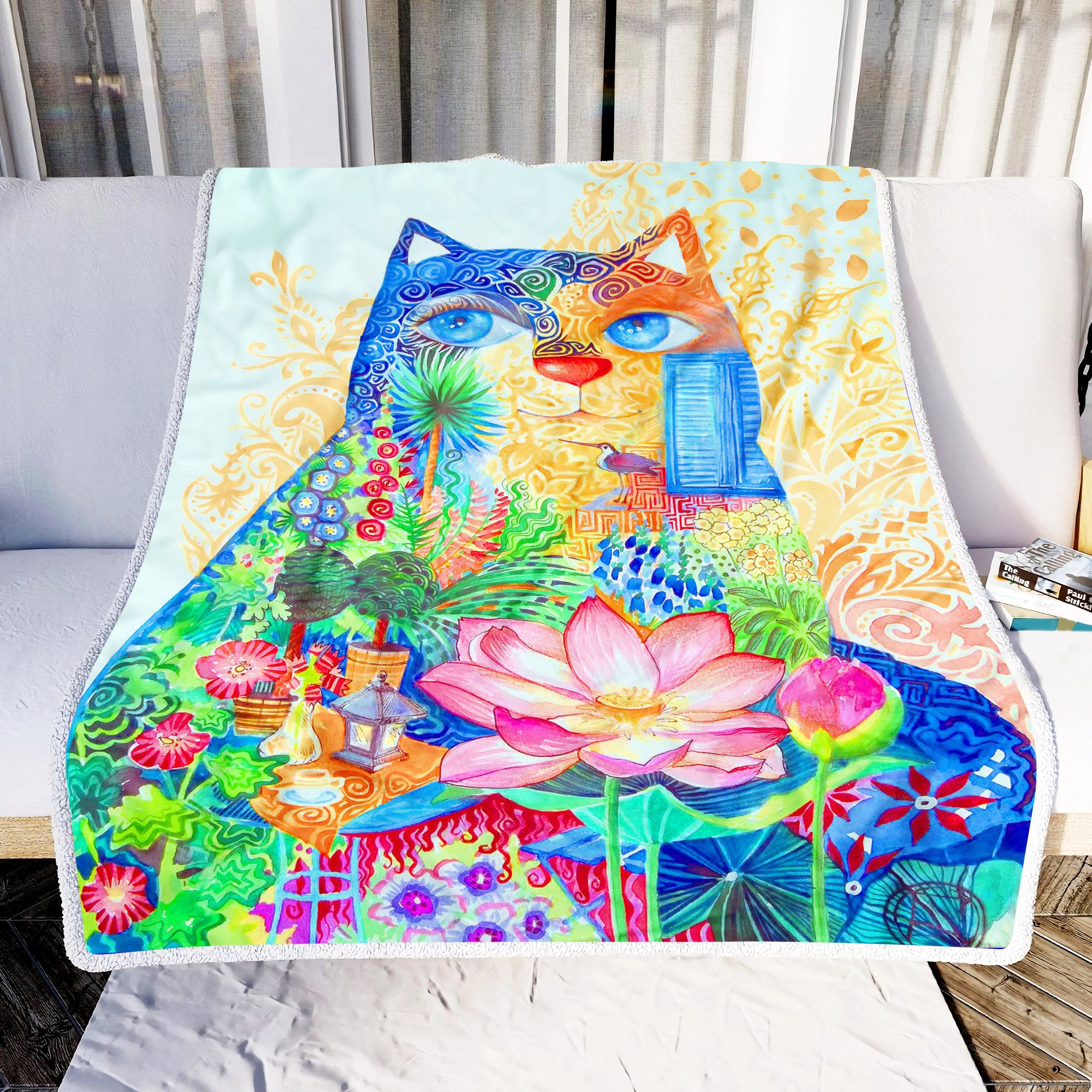 Flowers Cat Colorful Painting Fleece Blanket