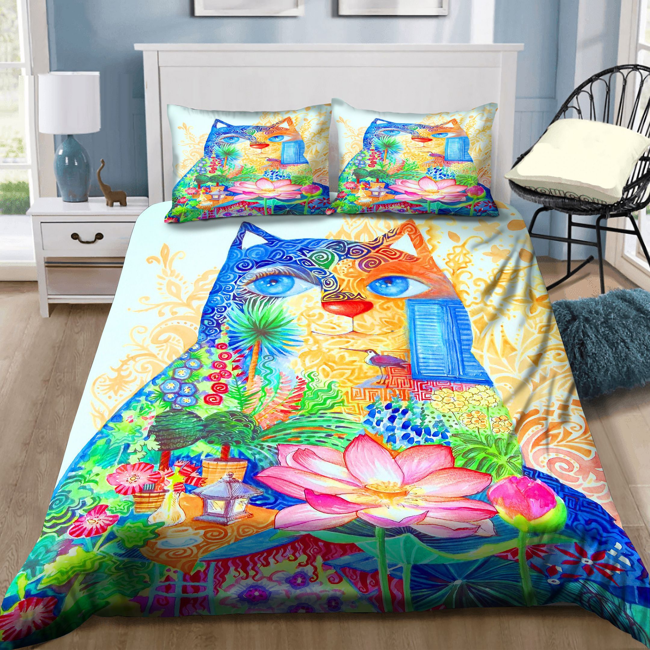 Flowers Cat Colorful Painting Bedding Set