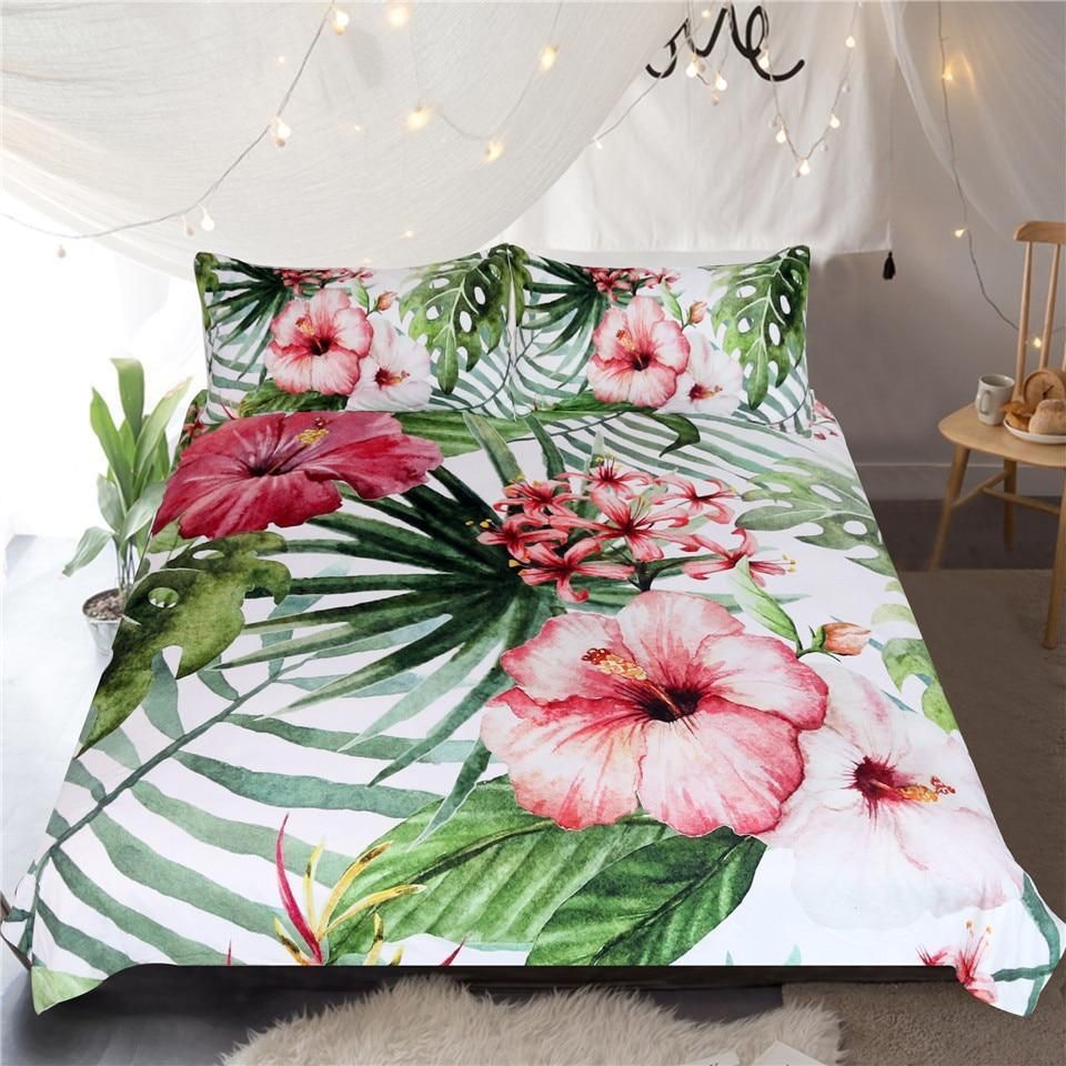 Flowers Leaves In White Bedding Set