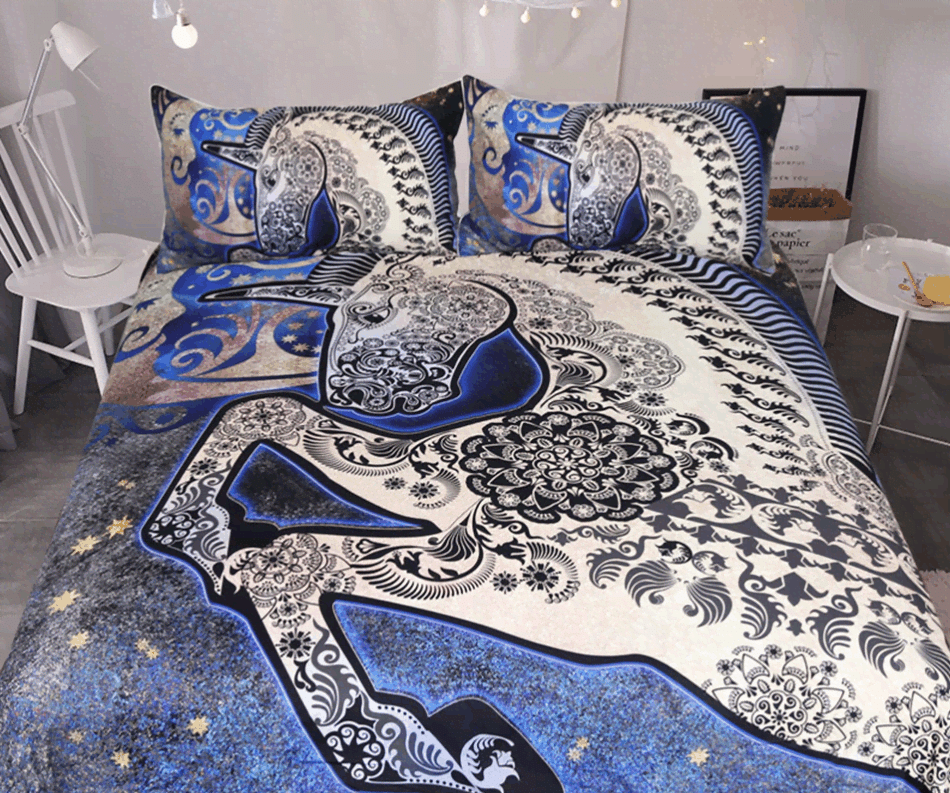 Flowers Moon Home Horse Blue Bedding Set