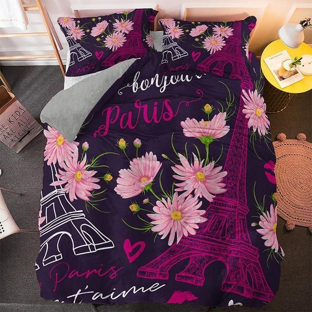 Flowers Paris Tower Pattern Bedding Set