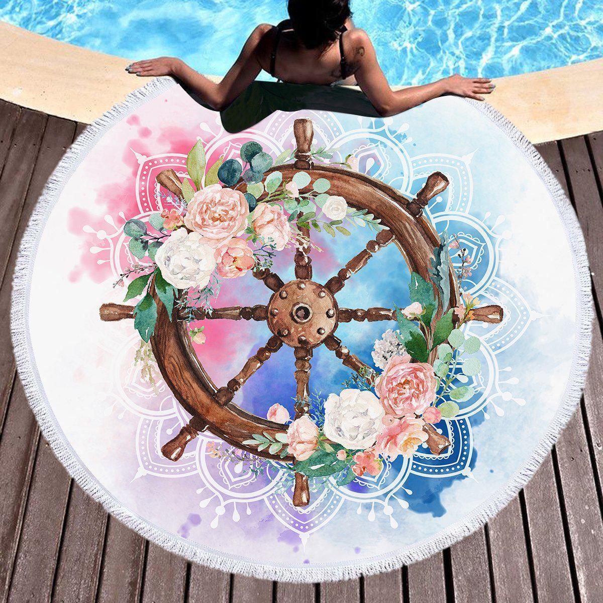 Flowery Helm Mandala Printed Round Beach Towel
