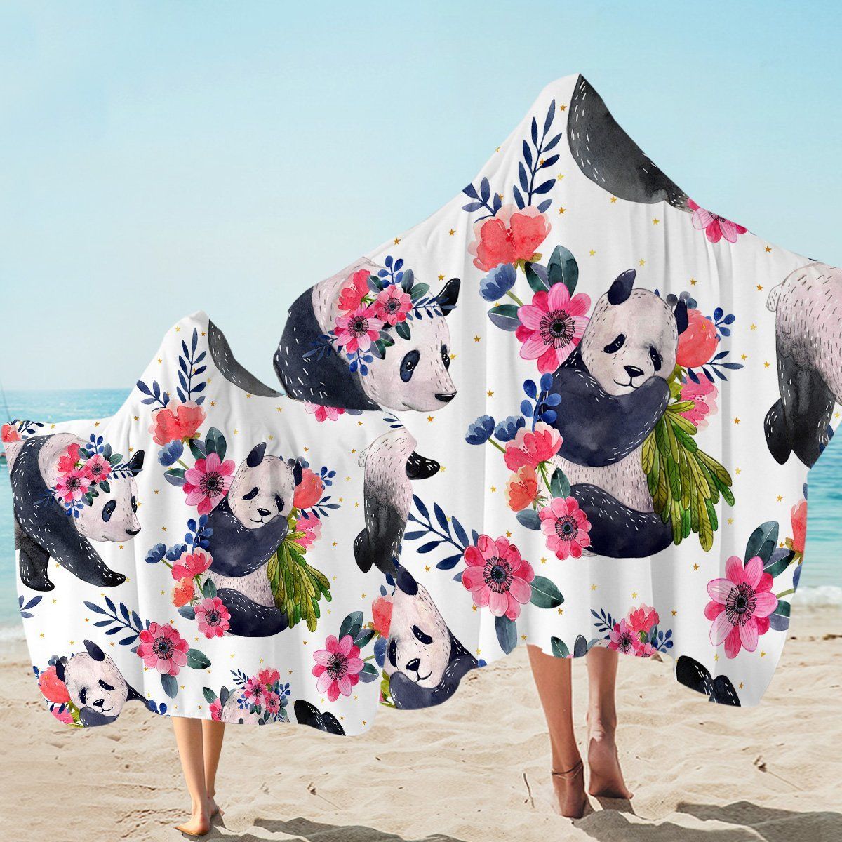 Flowery Panda Pattern Printed Hooded Towel