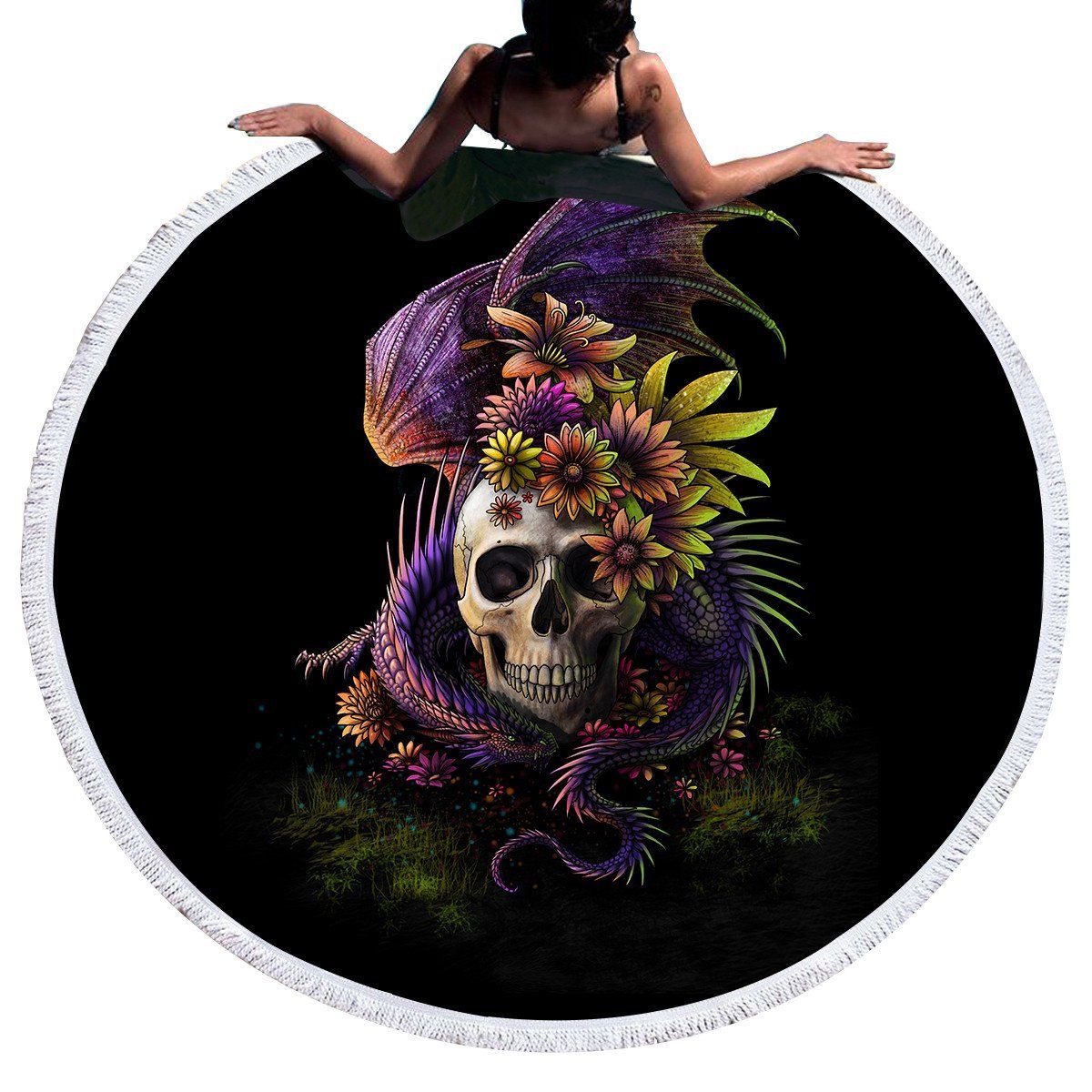 Flowery Skull And Dragon On Black Printed Round Beach Towel