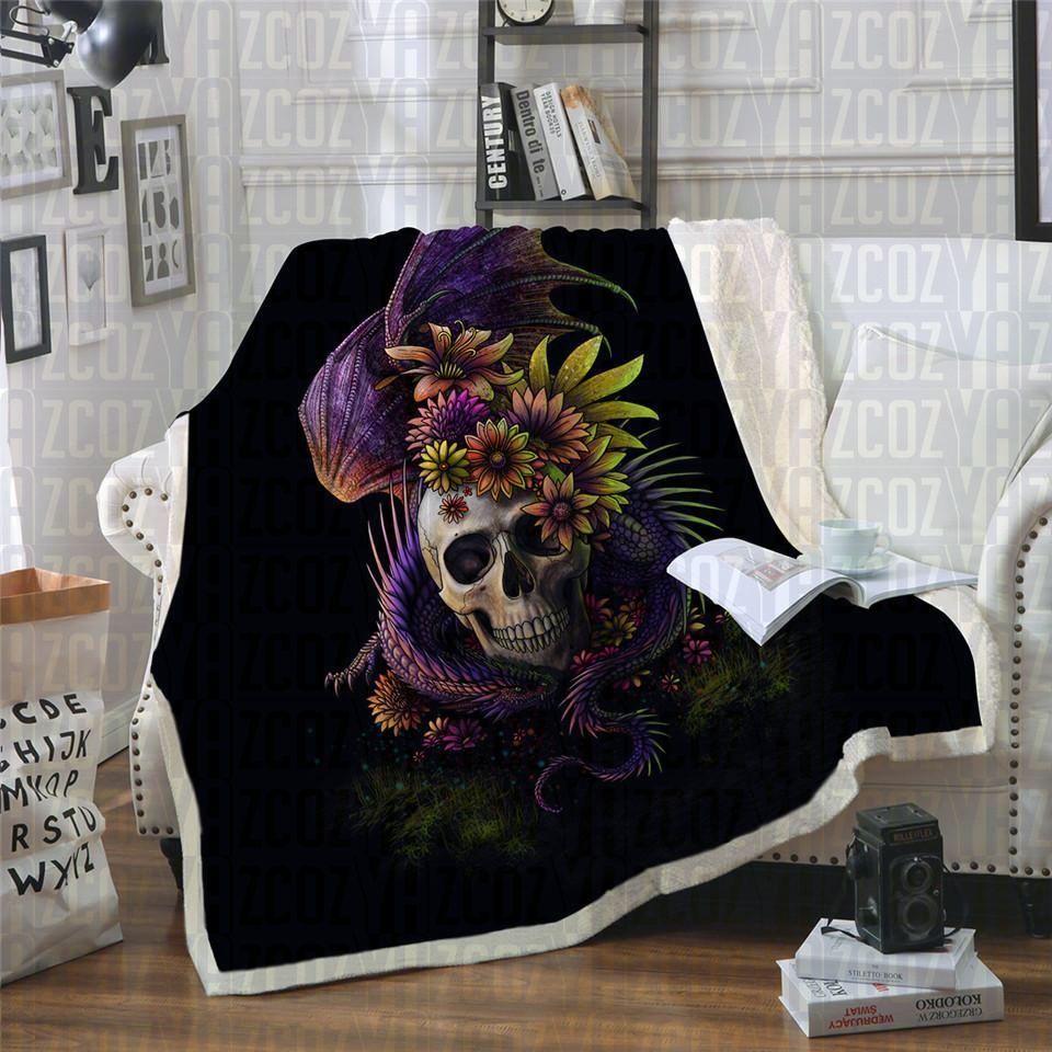 Flowery Skull Sherpa Fleece Blanket