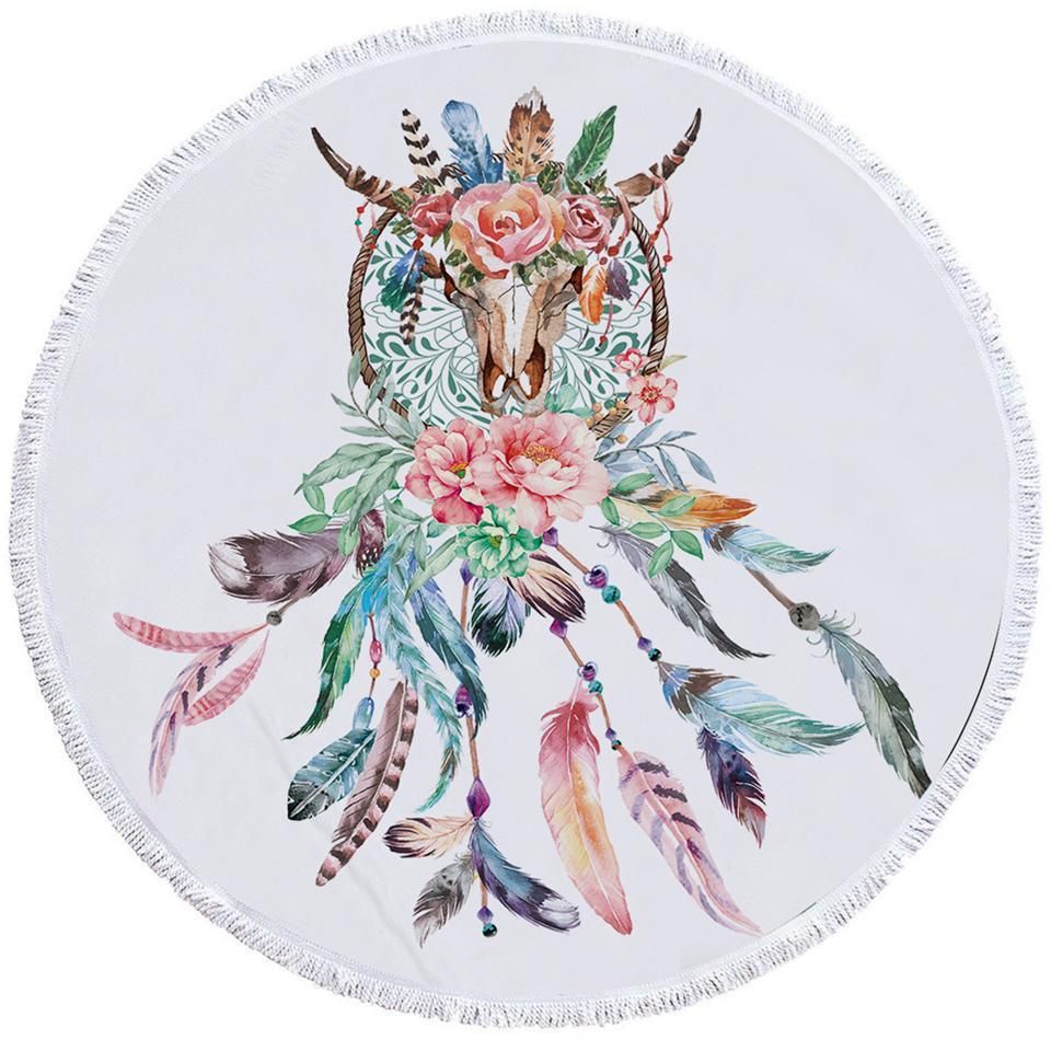 Flowery Trophyhead Dreamcatcher On White Printed Round Beach Towel