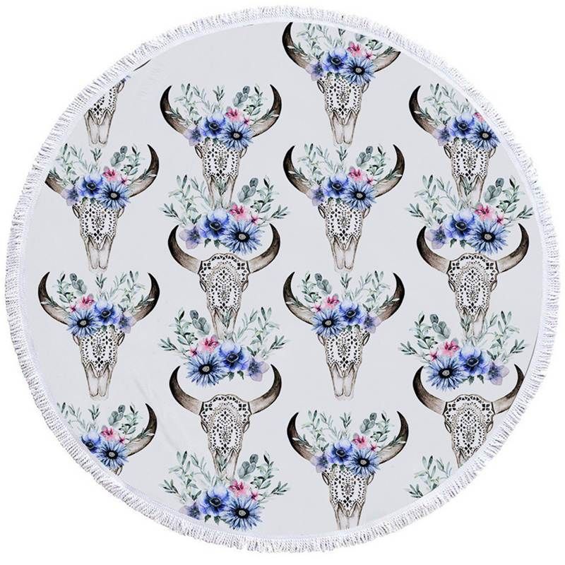 Flowery Trophyhead Patterns White Printed Round Beach Towel