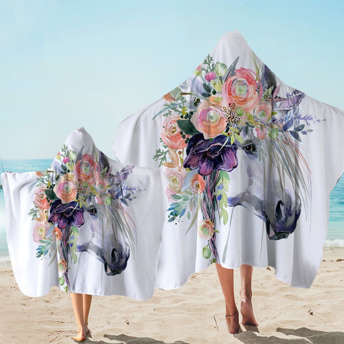 Flowery Unicorn On White Printed Hooded Towel