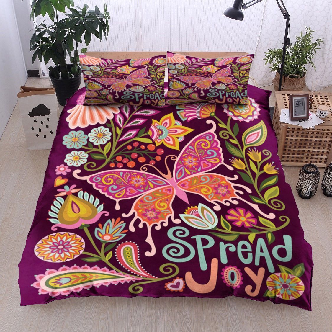 Folk Style Butterfly And Floral Botanical Art Bedding Set