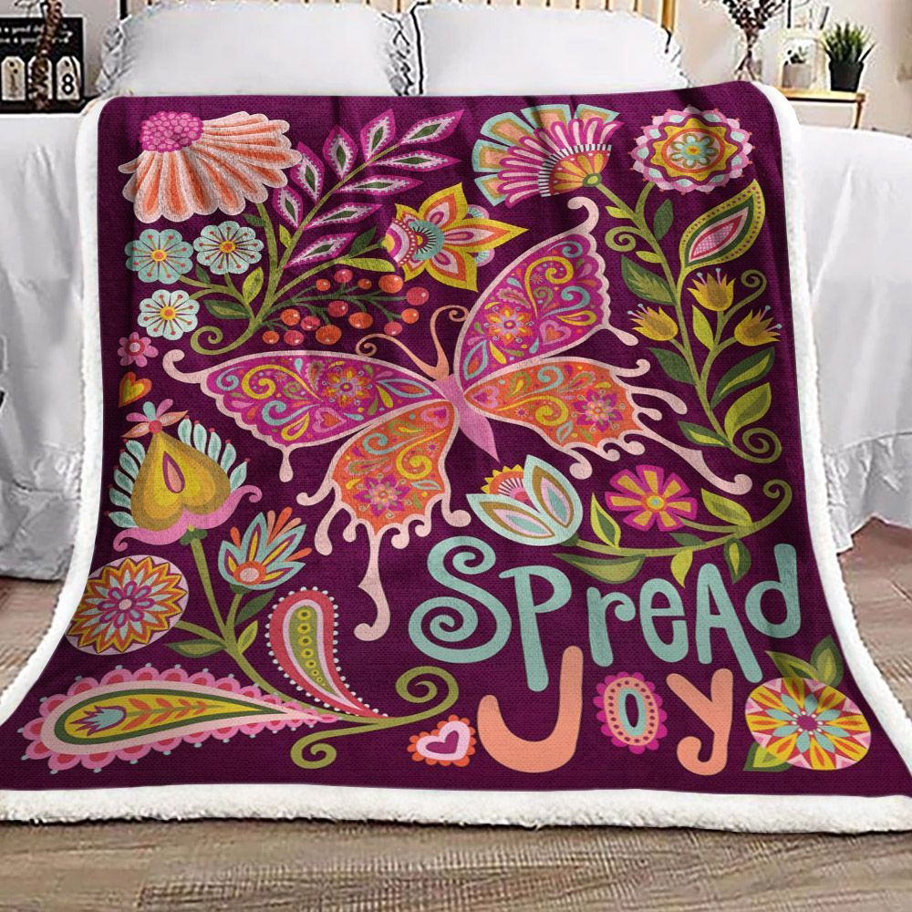 Folk Style Butterfly And Floral Botanical Art Sherpa Fleece Blanket