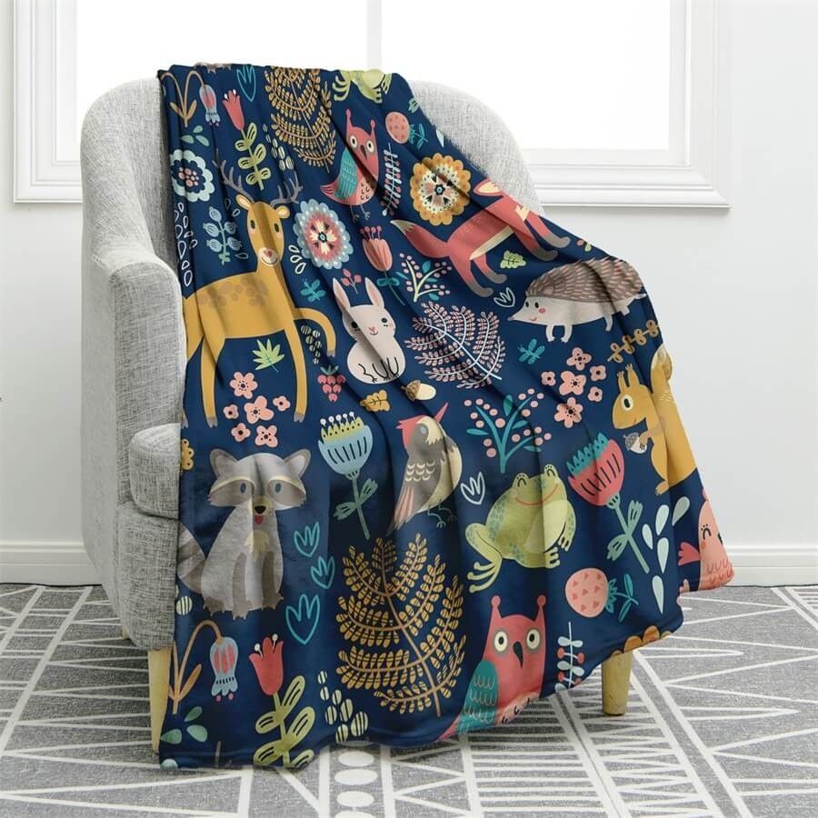 Forest Animals Deer Rabbit Owl Fox Sherpa Fleece Blanket