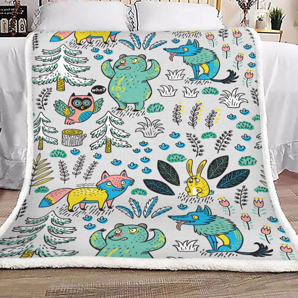 Forest Bear Fox Rabbit Owl Sherpa Fleece Blanket