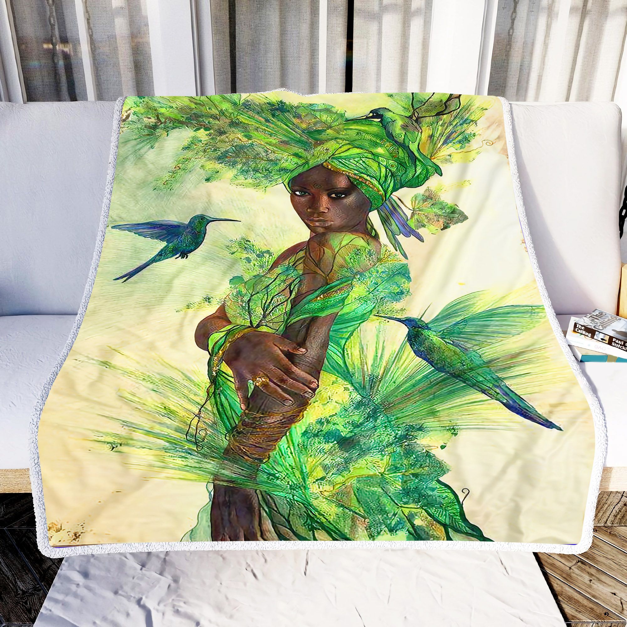 Forest Spirit Girl Bird Leaf Fleece Blanket