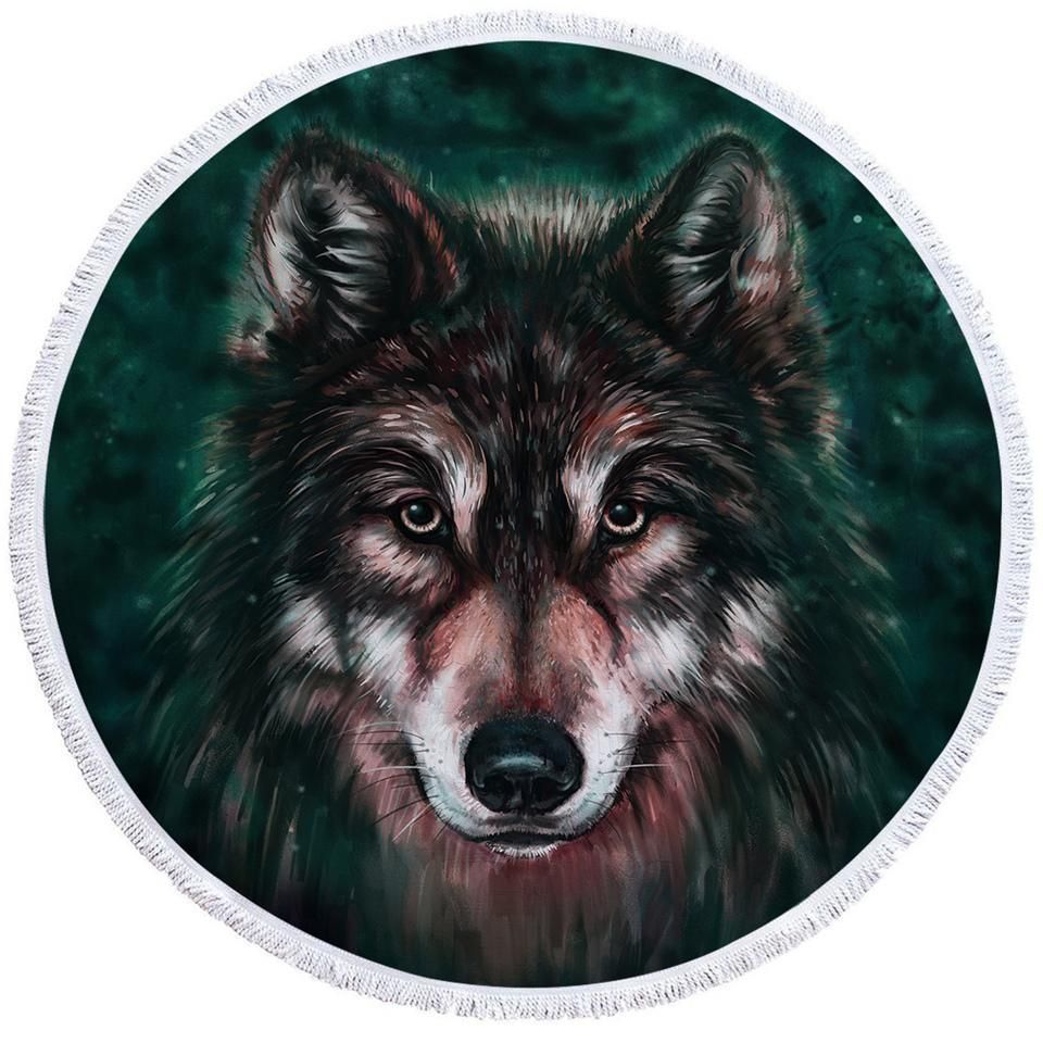 Forest Wolf Face Staring At You Printed Round Beach Towel