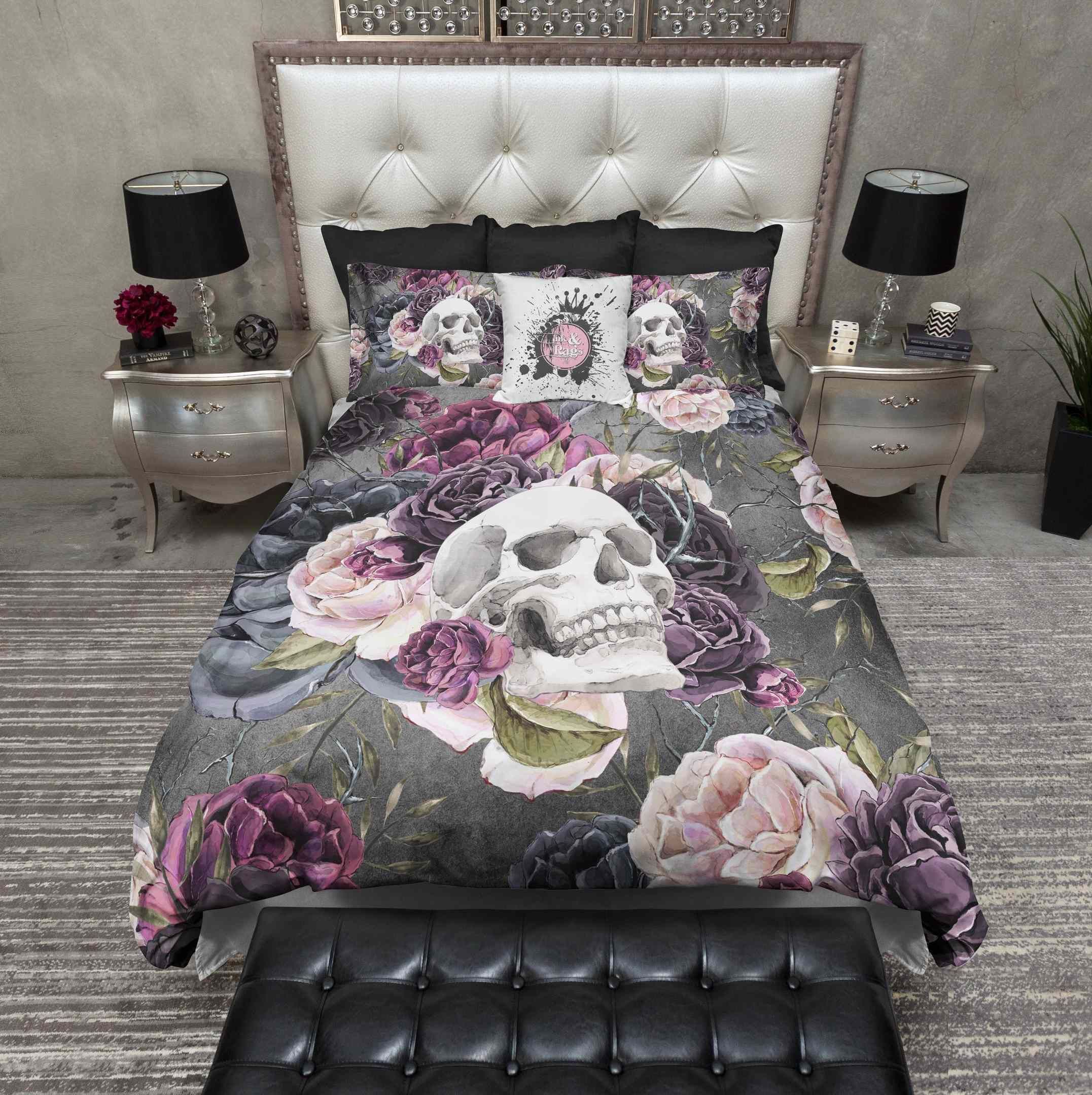 Forget Me Not Purple Rose And Skull Bedding Set