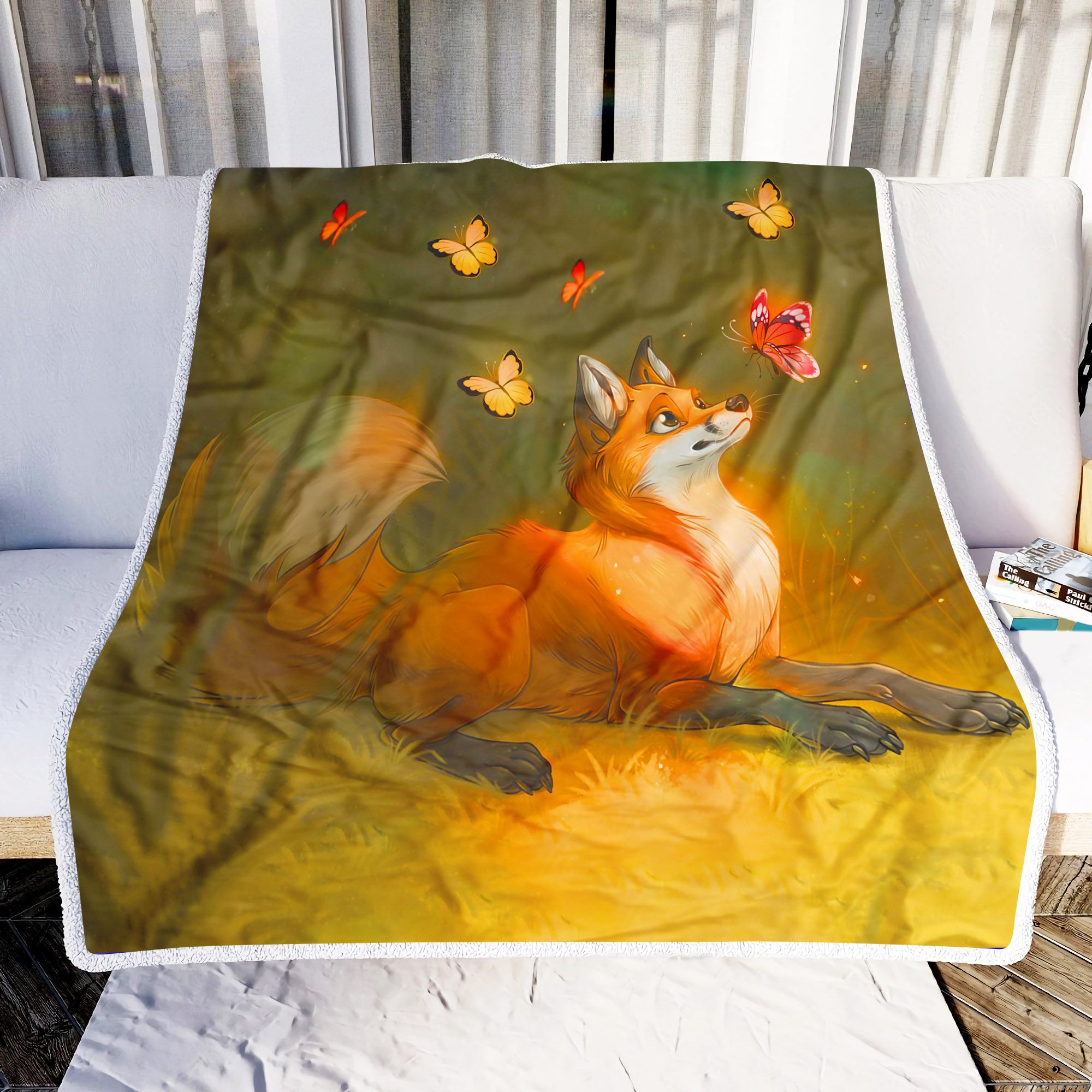 Fox And Butterflies Fleece Blanket