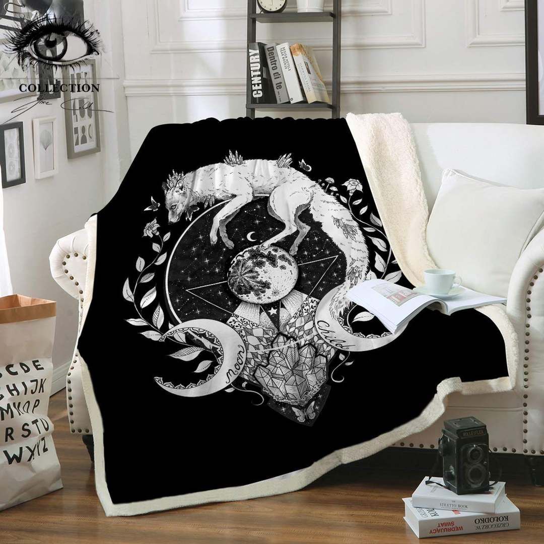 Fox And Moon Sherpa Fleece Blanket