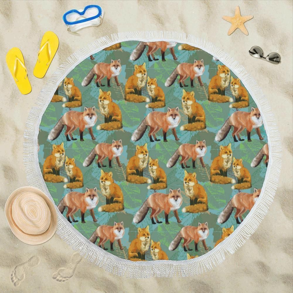 Fox Autumn Leaves Themed Printed Round Beach Towel