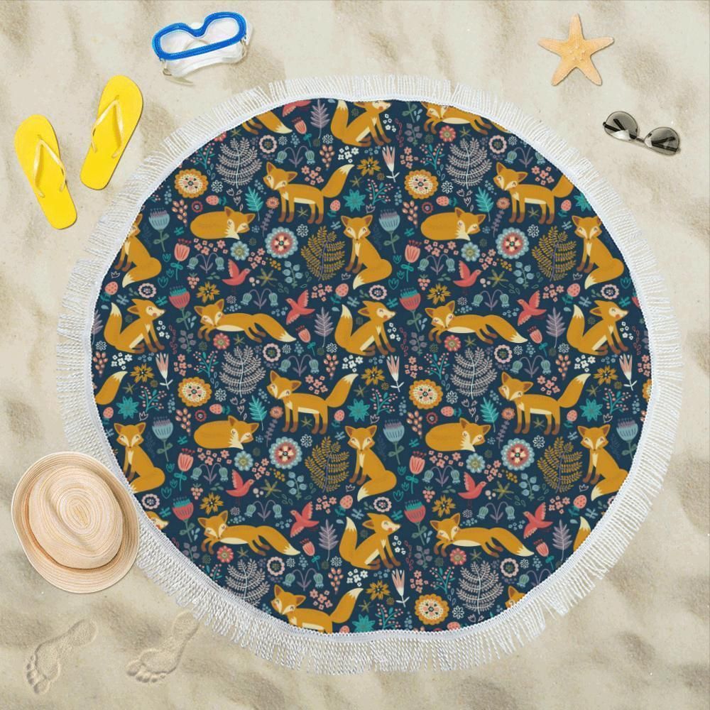 Fox Cute Jungle Pattern Printed Round Beach Towel