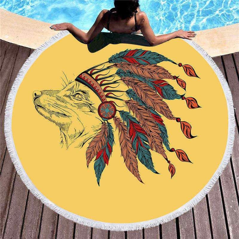 Fox In Headdress Beige Vintage Round Beach Towel