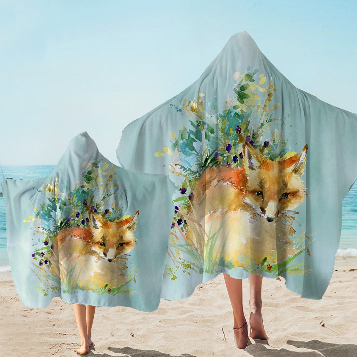 Foxy Snooze Light Blue Printed Hooded Towel